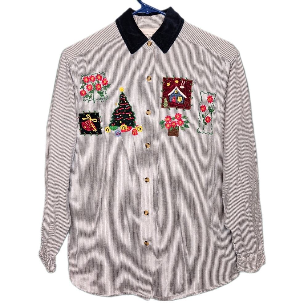 Casey&Max Vintage Cotton Embroidered Patchwork Christmas Shirt sz S